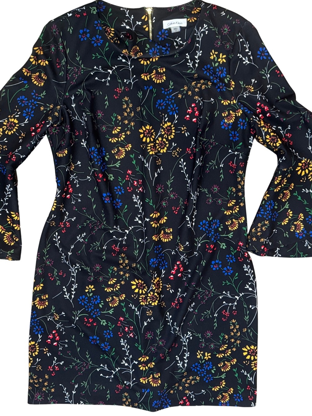 Calvin Klein Black Floral Bell-Sleeve Women’s Knee Length Dress